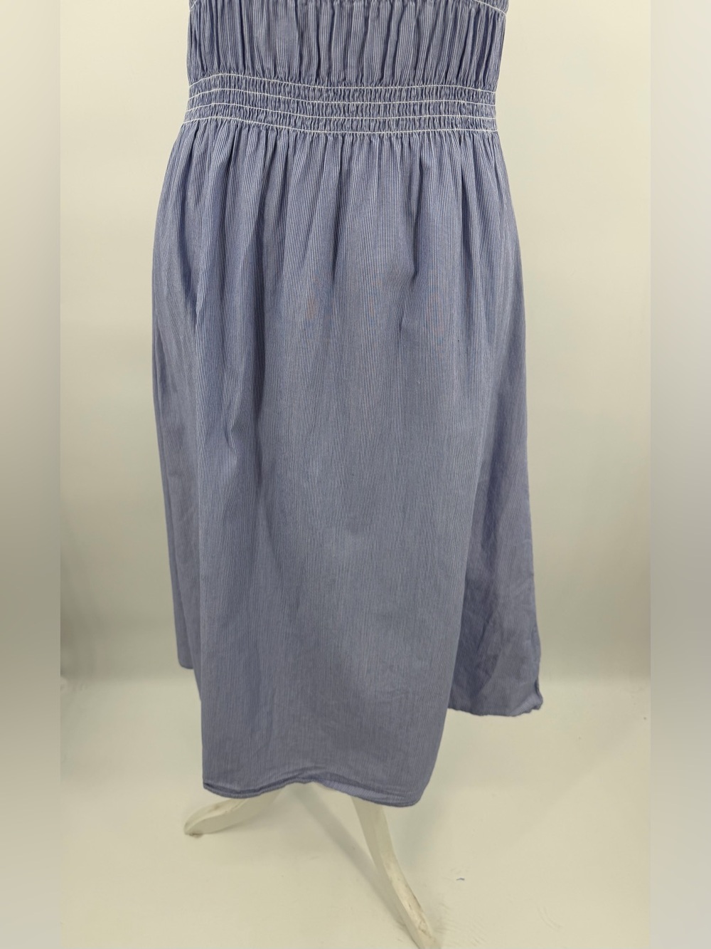 Cotton blue striped Smocked Ruffle Strap Midi Dress XS cottagecore coastal - Picture 7 of 12